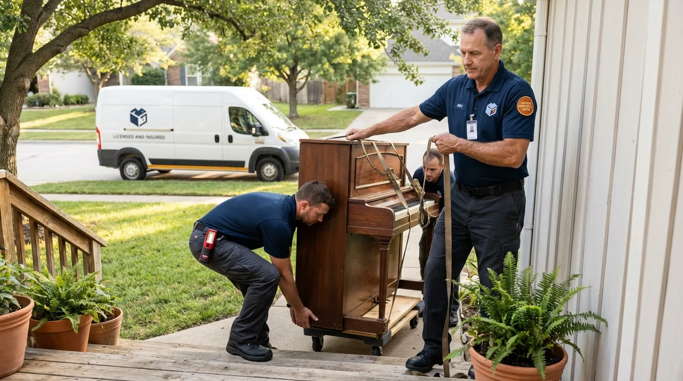 Licensed piano movers securing grand piano in San Martin, CA