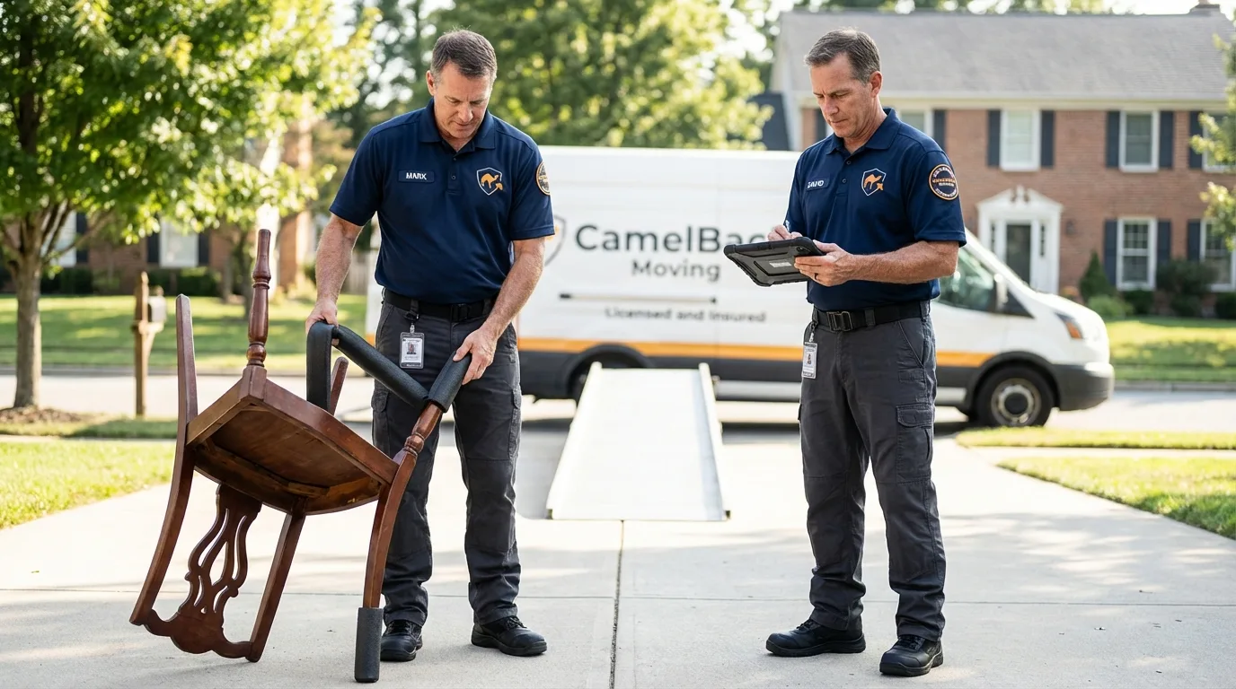 Movers inspecting furniture for damage prevention before loading in San Martin, CA