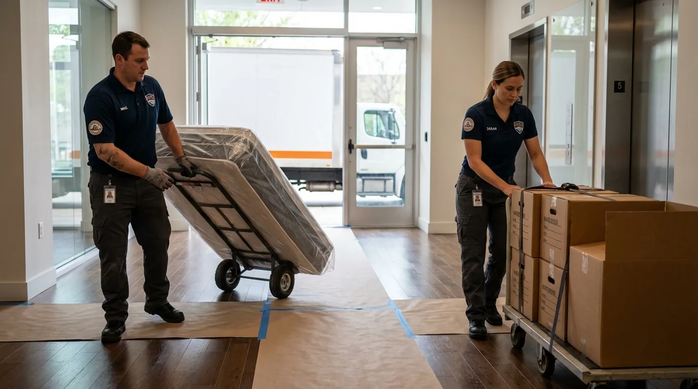 Professional apartment movers loading elevator in San Martin, CA